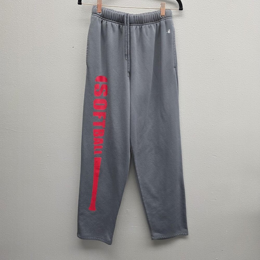 Badger Sport Sweatpants Mens Small Gray Fleece Open Bottom Softball Print 1478